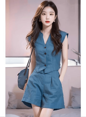 夏装搭配一整套今年流行的女装蓝色V领纯色无袖马甲短裤气质套装