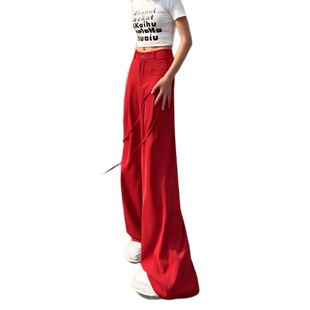 欧货设计感小众抽绳垂感阔腿裤女2026春季高腰显瘦直筒休闲西装裤