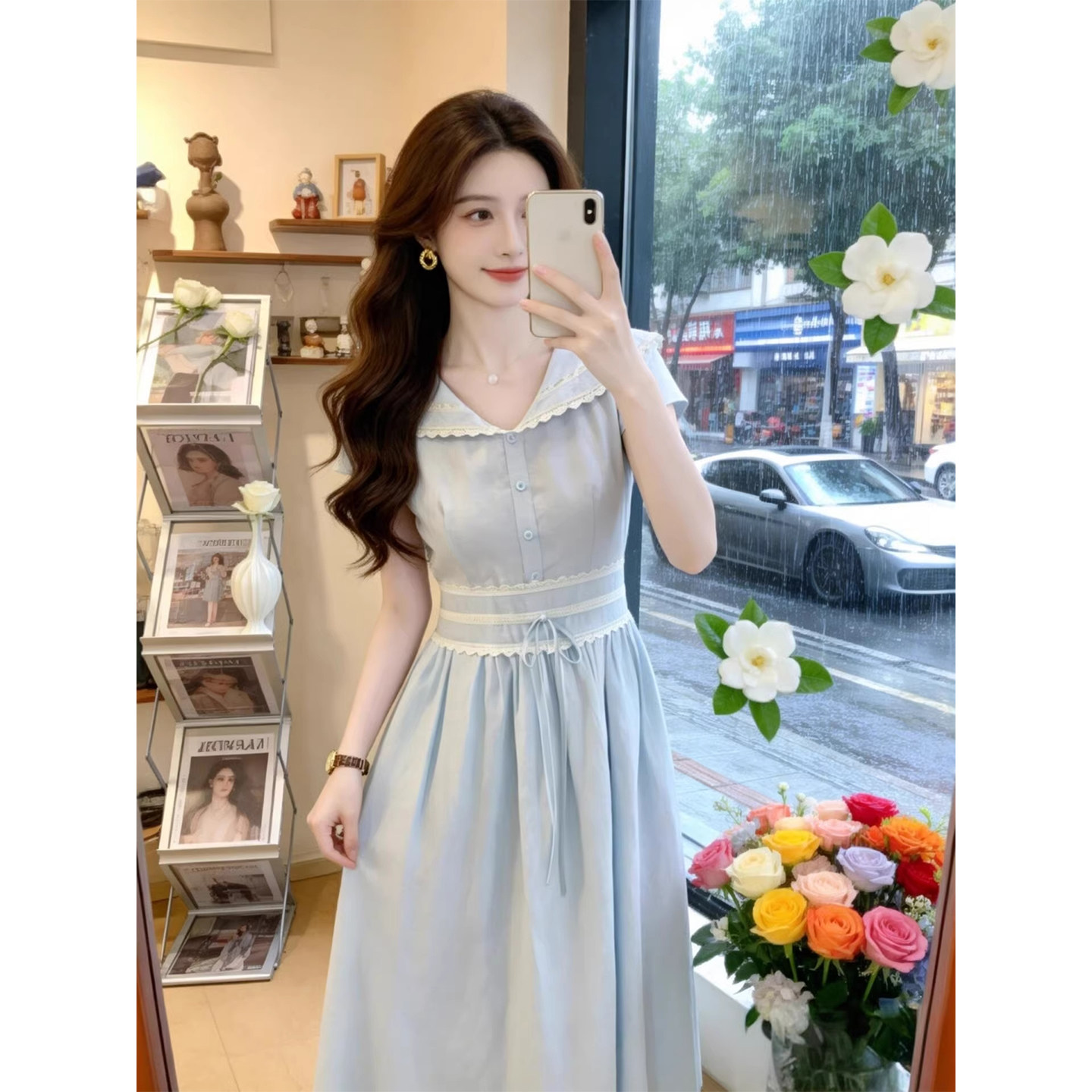 法式小清新娃娃领连衣裙女2026夏季新款设计感收腰显瘦优雅裙子女