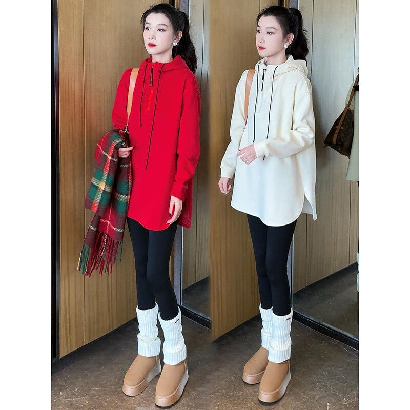 2025早春新款半拉链中长款连帽加绒卫衣女宽松设计感开叉长袖上衣,女装/女士精品,卫衣/绒衫,淘宝优惠券,粉丝福利购,淘宝优惠卷