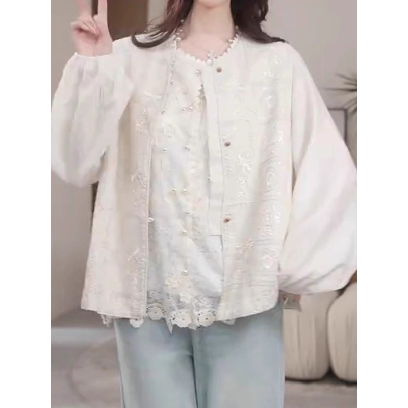 秋季穿搭套装女洋气重工蕾丝花边衬衫上衣钩花短款蕾丝马甲两件套