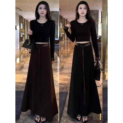 时尚套装女2025秋季新款洋气显瘦蕾丝拼接长袖上衣半身裙两件套潮