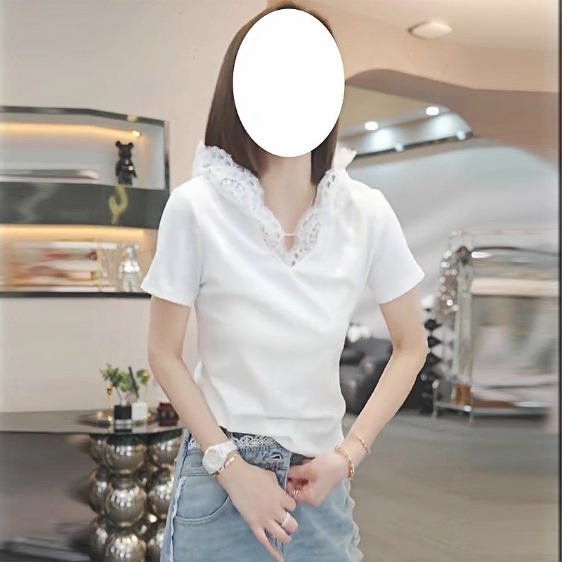 2025夏季新款韩系V领蕾丝连帽短袖T恤衫女爆款百搭修身设计感上衣