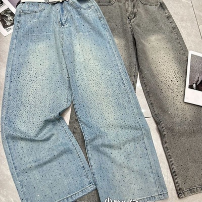 2025年春季新款烫钻直筒牛仔裤女宽松显瘦百搭阔腿满钻拖地长裤子