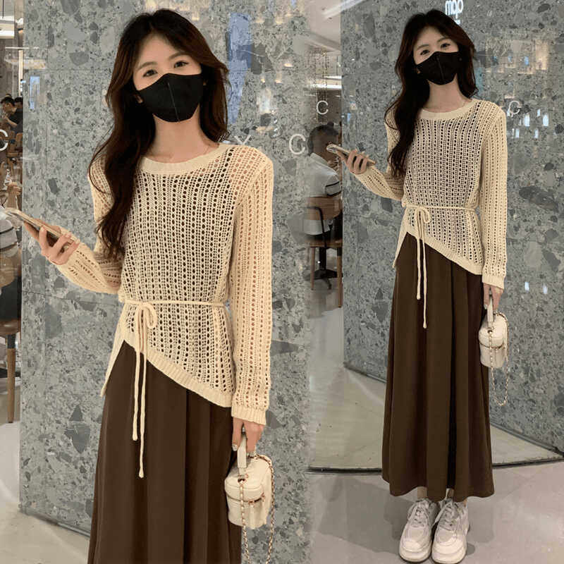 时尚套装裙女2024早秋新款慵懒风收腰镂空衫裙气质两件套,女装/女士精品,时尚套装,淘宝优惠券,粉丝福利购,淘宝优惠卷
