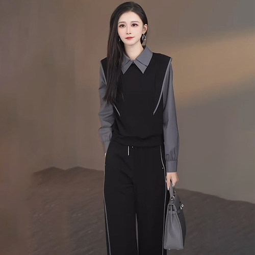 撞色拼接翻领上衣阔腿裤两件套女2024秋季新款气质感休闲时尚套装