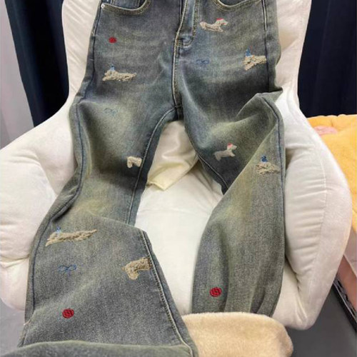 加绒加厚美式复古微喇牛仔裤女冬季大码胖mm卡通腊肠狗刺绣喇叭裤