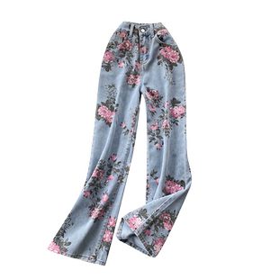 甜辣少女玫瑰花牛仔裤女夏季设计感小众高腰垂感阔腿裤直筒长裤子
