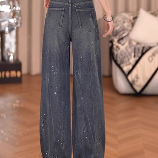 2025秋冬新款个性牛仔阔腿裤女时尚百搭显瘦重工烫钻直筒喇叭裤女