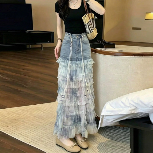 蓝色扎染牛仔拼接半身a字裙女款