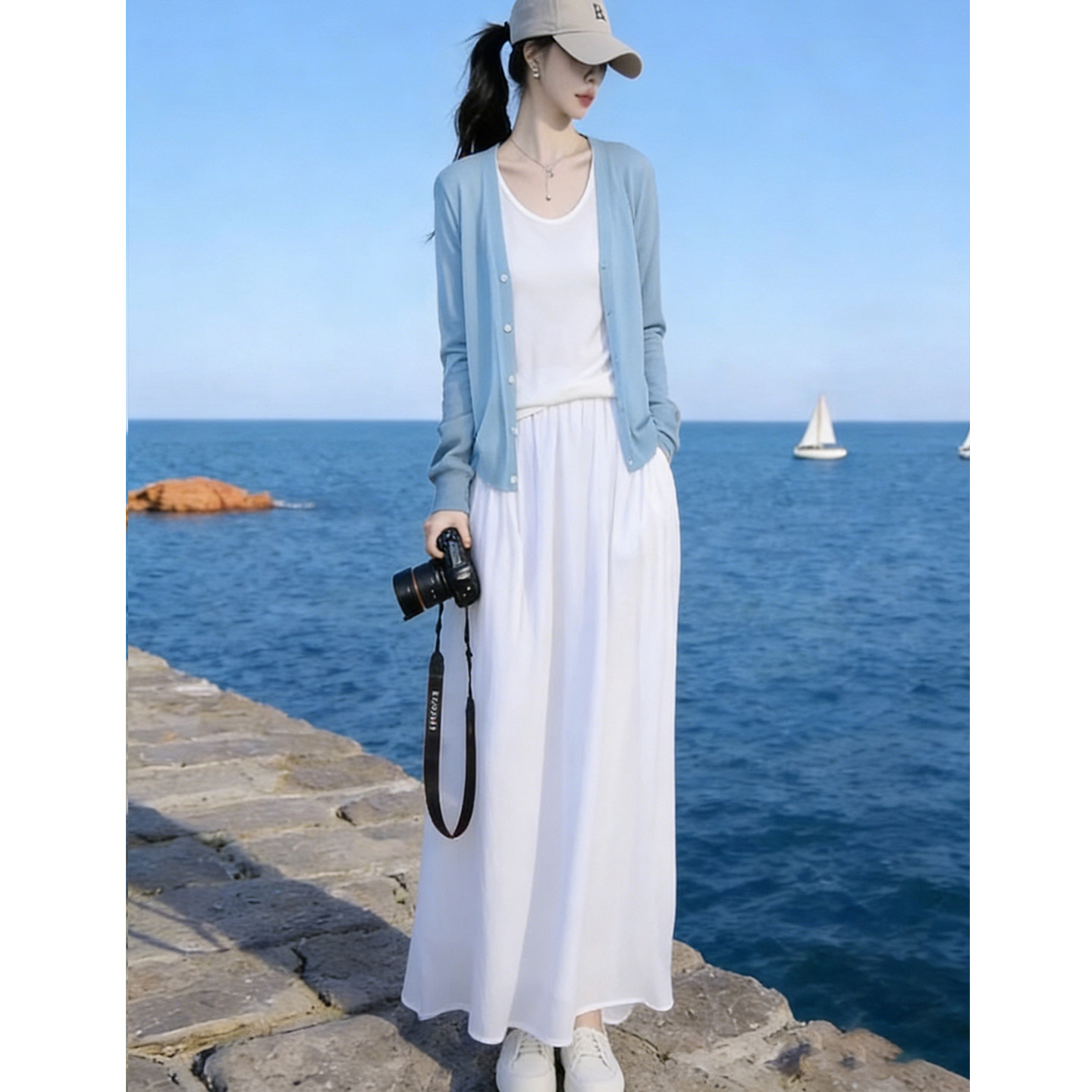 春夏新款小清新穿搭套装女防晒针织开衫洋气短袖T恤半身裙三件套