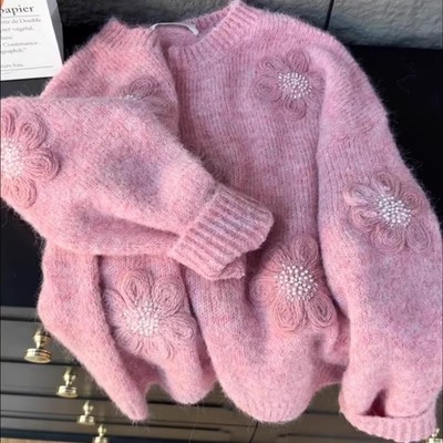 重工钉珠立体花朵针织衫女2025冬季新款软糯圆领毛衣宽松长袖上衣