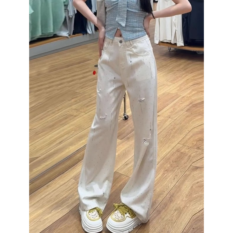 美式白色窄版破洞牛仔裤女2025夏季新款梨形身材烫钻阔腿裤长裤潮
