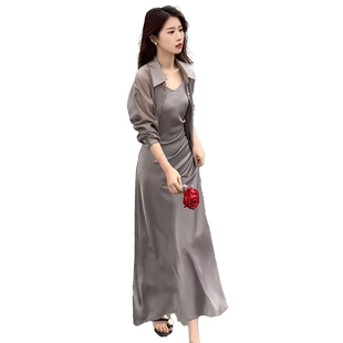 轻熟风连衣裙套装女夏季新款收腰显瘦吊带裙防晒衫衬衣洋气两件套