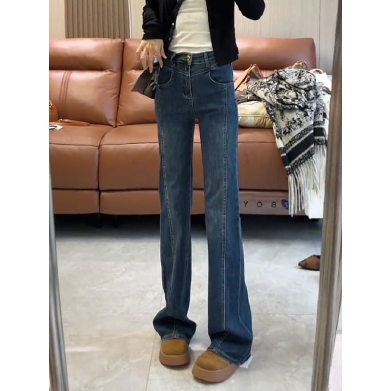 2024秋冬季新款小个子加绒微喇牛仔裤女高腰显瘦修身马蹄喇叭裤