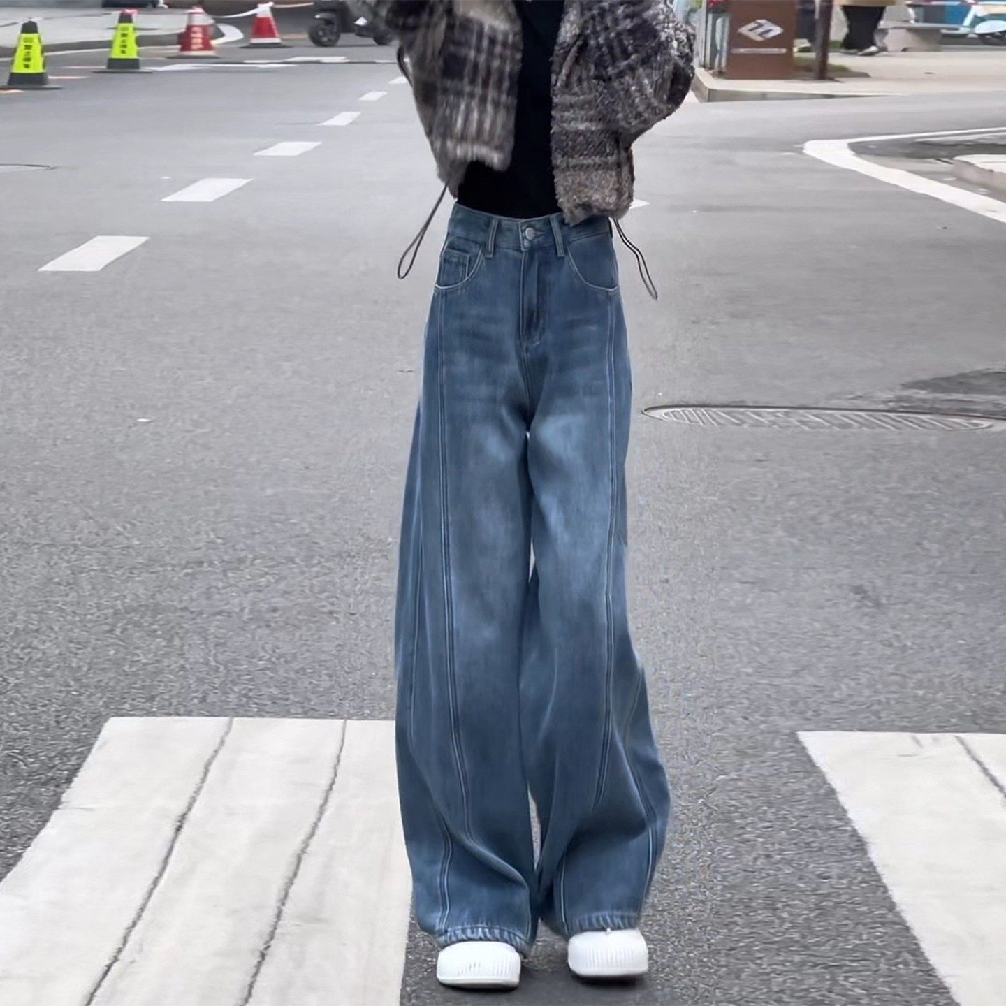 蓝色时髦百搭阔腿牛仔裤女2026春季新款加绒高腰窄版弯刀拖地裤子,女装/女士精品,牛仔裤,淘宝优惠券,粉丝福利购,淘宝优惠卷