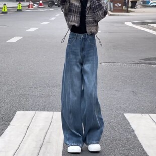 蓝色时髦百搭阔腿牛仔裤女2026春季新款加绒高腰窄版弯刀拖地裤子