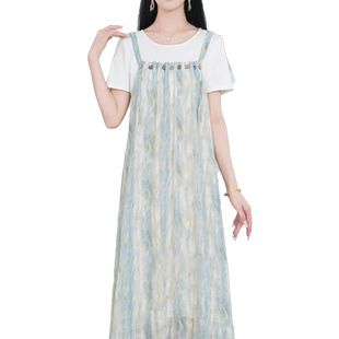 夏季宽松连衣裙女大码碎花气质洋气时尚假两件减龄中长款韩版减龄