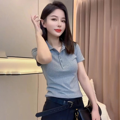 POLO领纽扣短袖正肩女T恤2025新