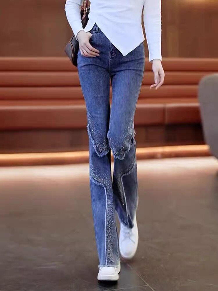 微喇高腰长裤女春夏马蹄裤镶钻图片