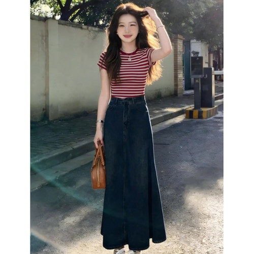 时尚套装条纹上衣牛仔半身裙女夏
