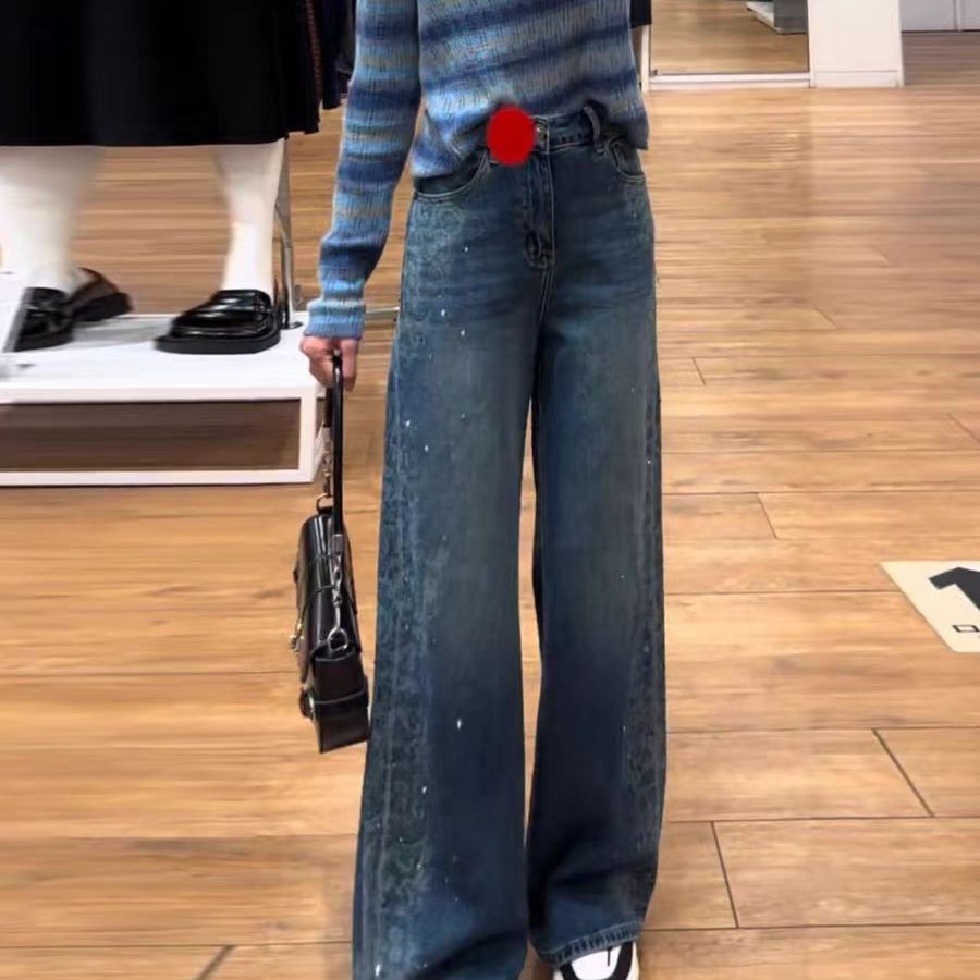复古蓝重工烫钻阔腿牛仔裤女2025秋季新款设计感满天星直筒拖地裤