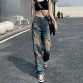 高街裤 女百搭高腰宽松阔腿直筒个性 辣妹高街破洞牛仔裤 2025春夏季