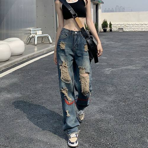 2025高腰春夏季辣妹直筒破洞