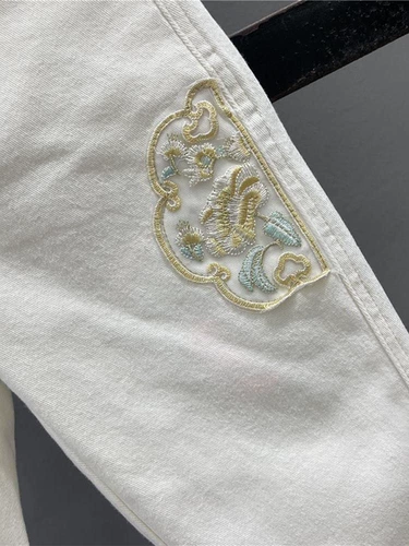 Джинсовые летние штаны, китайский стиль, с вышивкой, свободный прямой крой, высокая талия