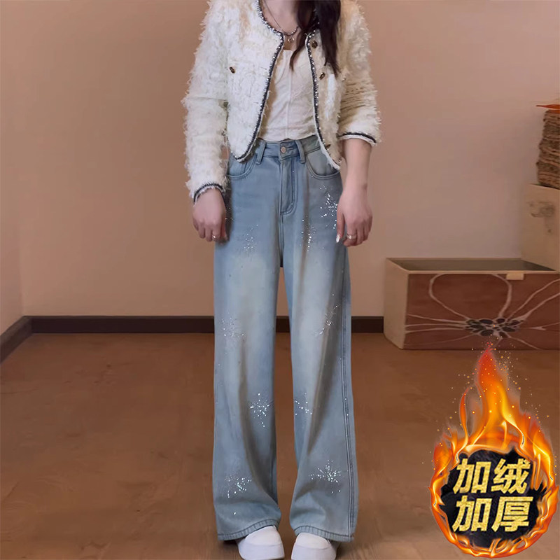 蓝色烫钻加绒窄版阔腿牛仔裤女春季烟花闪钻高腰宽松显瘦直筒裤子,女装/女士精品,牛仔裤,淘宝优惠券,粉丝福利购,淘宝优惠卷