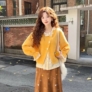 温柔慵懒风法式 秋冬氛围感上衣毛衣 娃娃领蕾丝拼接假两件针织开衫