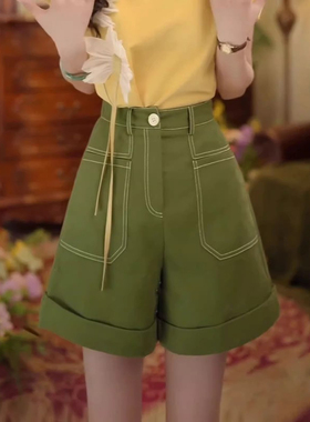 2025港风复古绿色A字短裤女装夏季高腰显瘦休闲百搭卷边阔腿裤子
