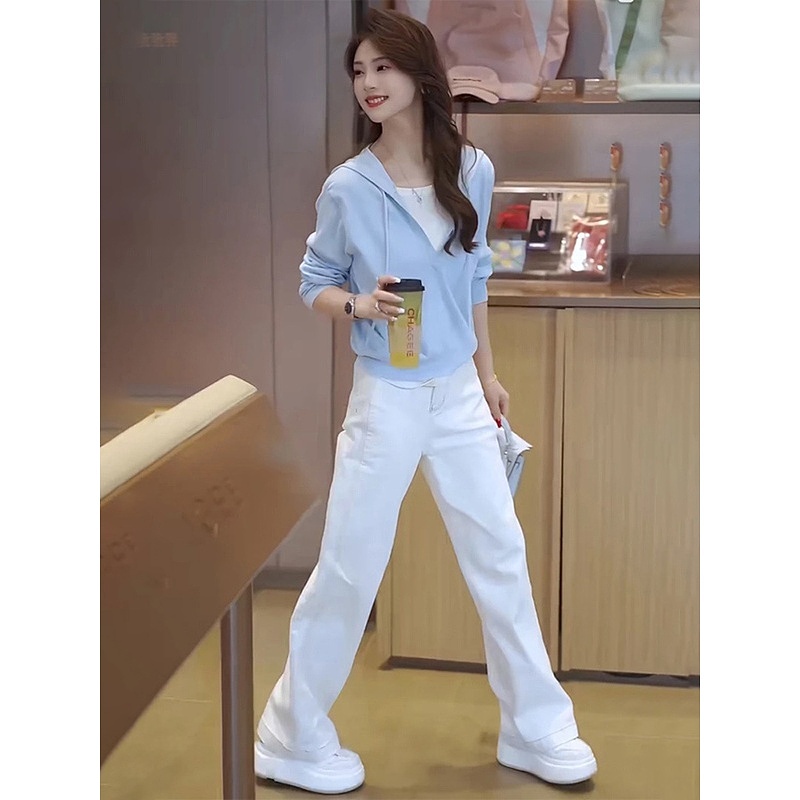 春季时尚一整套女装2025新款韩版假两件连帽上衣高腰牛仔裤两件套