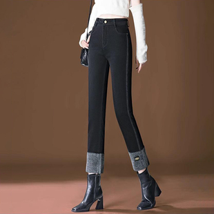 烟管牛仔裤女秋季2024新款高腰翻边小个子显瘦百搭减龄九分直筒裤