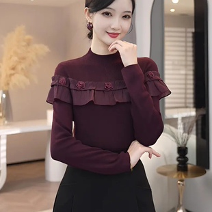 轻奢酒红色荷叶边袖针织衫女秋冬高级感气质毛衣上衣洋气打底衫