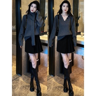 设计感显瘦上衣 胖mm大码 慵懒风可拆卸围巾毛衣内搭针织衫 女秋冬季