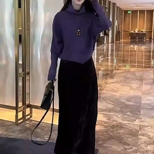 黑色丝绒百褶裙冬裙a字半身裙女秋冬小个子高腰大摆长裙气质半裙