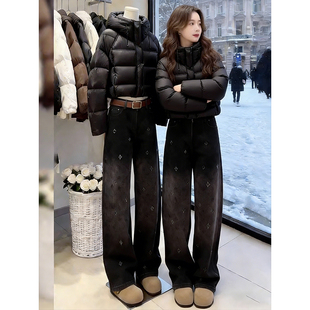 亮片设计感直筒牛仔裤女2026新款冬季高腰小个子印花加绒阔腿裤子