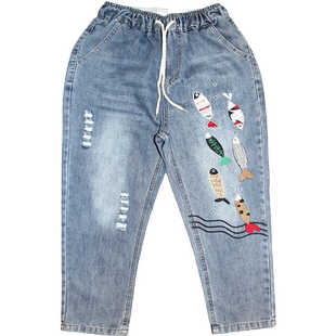 新款小个子七分裤女休闲百搭松紧高腰宽松牛仔裤大码哈伦八分裤