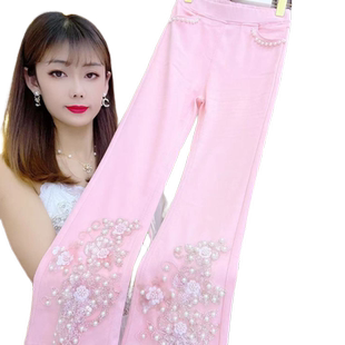 重工钉珠镶钻女微喇裤刺绣免烫2024夏季新款绣花高腰显瘦喇叭裤女