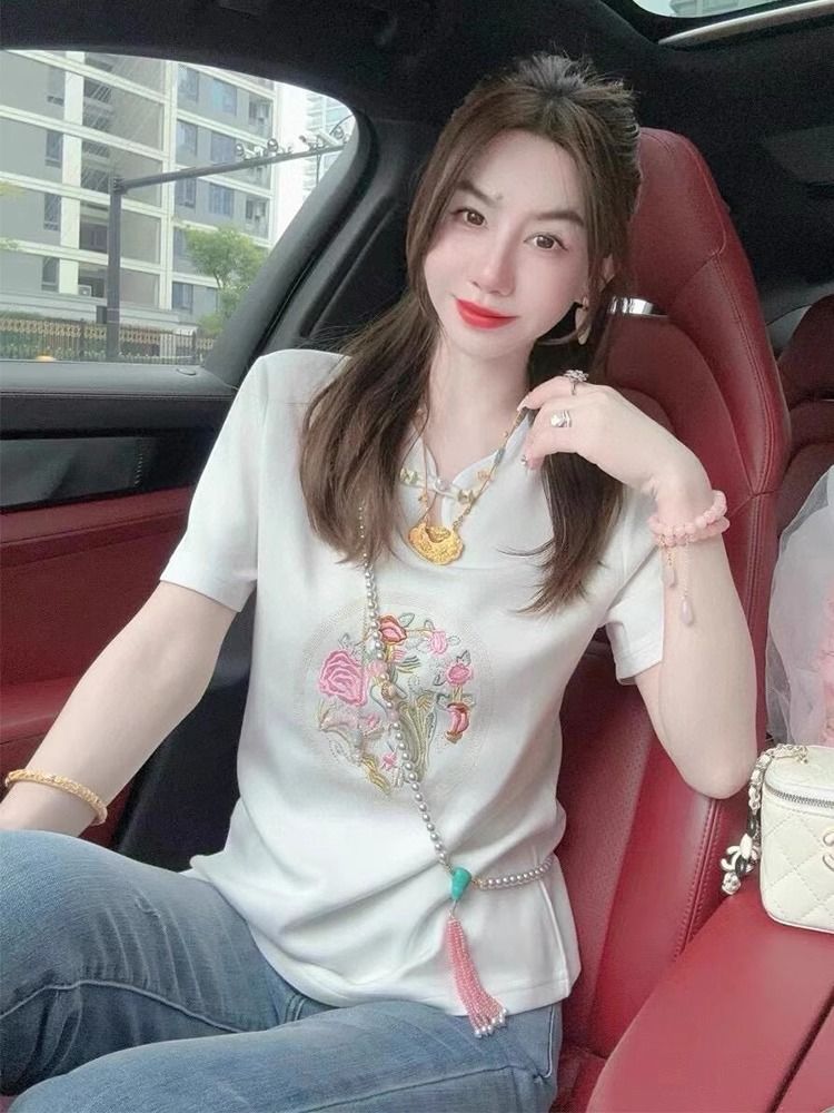 新中式国风盘扣刺绣短袖夏季新款设计感小众修身遮肉套头短袖T恤