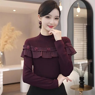 轻奢酒红色荷叶边袖针织衫女秋冬高级感气质毛衣上衣洋气打底衫潮