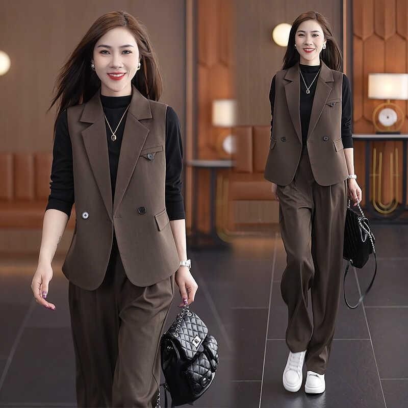 时尚套装女2025秋季新款时髦洋气马甲打底衫阔腿裤气质三件套