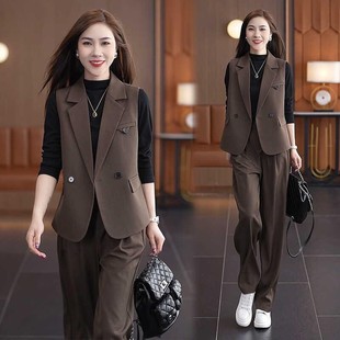 时尚套装女2025秋季新款时髦洋气马甲打底衫阔腿裤气质三件套