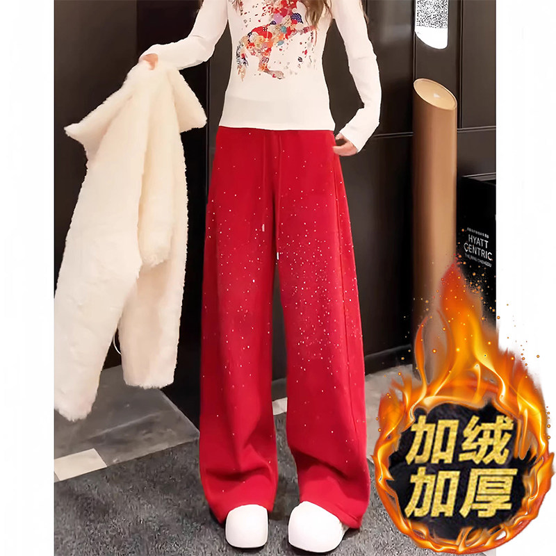 加绒红色爆闪烫钻阔腿裤女春秋季2026新款今年流行巨好看休闲卫裤
