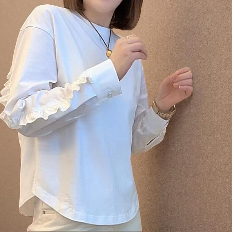 设计感袖口拼接蕾丝长袖T恤女2025秋季新款简约休闲显瘦圆领上衣