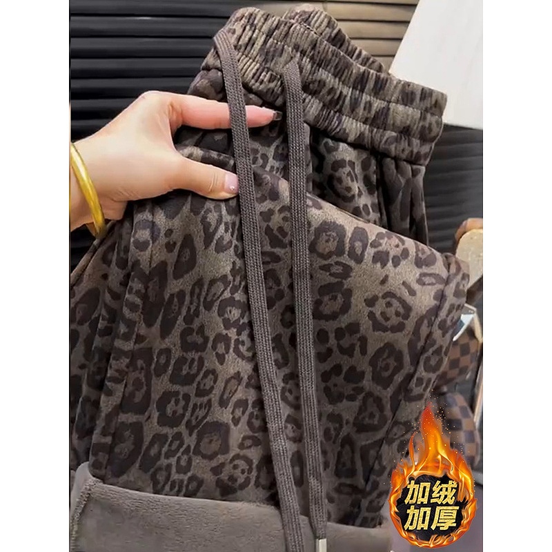韩版大码加绒加厚豹纹休闲裤女冬新款梨形身材高腰显瘦直筒阔腿裤