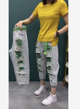 绿色钉珠破洞牛仔裤女夏薄直筒阔腿裤高腰宽松九分哈伦乞丐裤垮裤