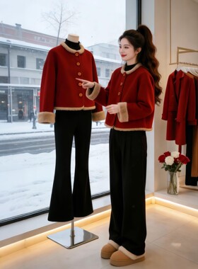 新中式国风毛呢红色短外套女2026春季新款流行高级感气质爆款上衣