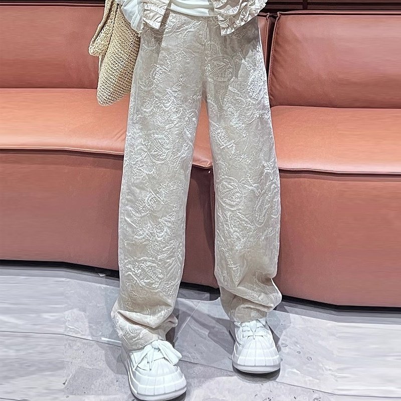 新中式国风高腰显瘦弯刀裤女缎面提花松紧腰垂坠感休闲百搭长裤子